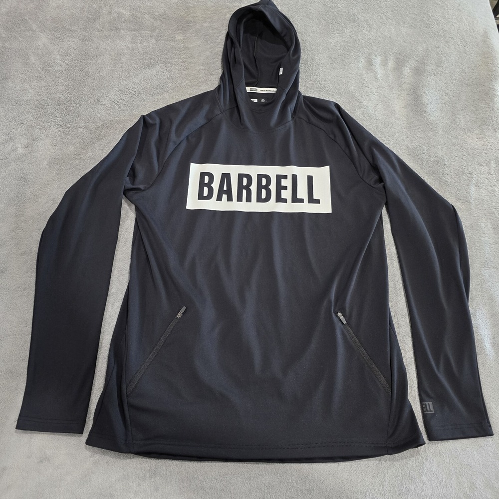 Barbell Hoodie Mens Medium Black Performance Pockets Gym Workout Sweater